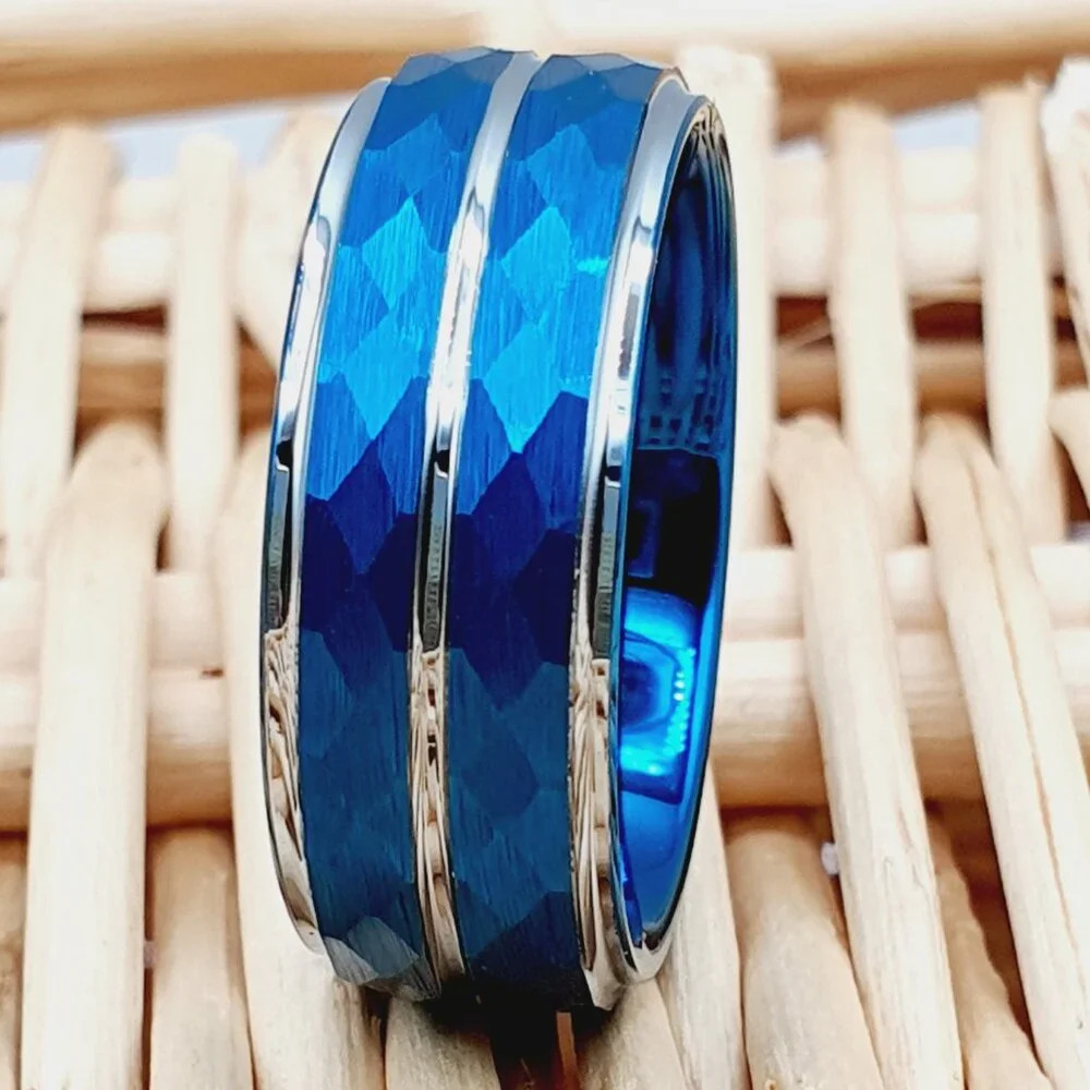 "Blue Tungsten Hammered Finished Wedding Ring, Galtun704